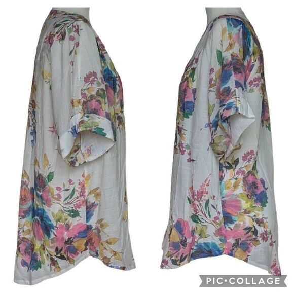 Go Fish Colorful Floral Print Button Down Blouse Round Split Neck Women Size M - Picture 6 of 9